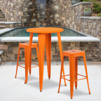 Flash Furniture CH-51080BH-2-30SQST-OR-GG 24" Round Bar Table Set with 2 Square Seat Backless Barstools in Orange